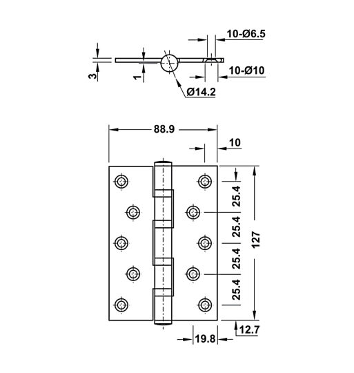 Bản lề lá Hafele 127x89x3mm - 2 vòng bi 926.25.104