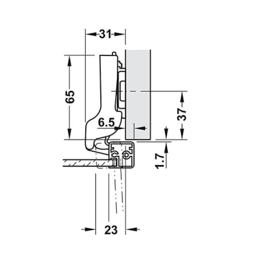 Bản lề Hafele Metalla SM 110° cho cửa khung nhôm, đóng giảm chấn - Lắp trùm nửa 315.26.711